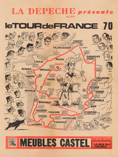1970 Tour de France Map Poster Rene Pellos, Eddy Merckx