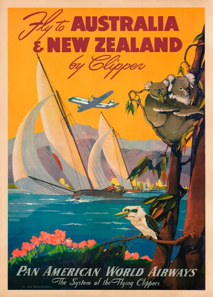 Australia & New Zealand - Pan Am Clipper - Vintage Travel Poster Prints