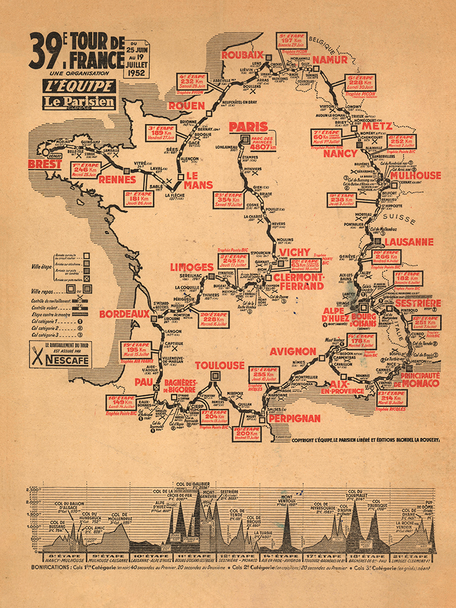 1952 Tour de France Map Poster Print