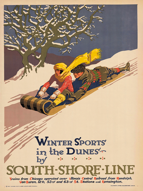 Winter Sports in the Dunes - South Shore RR Vintage Poster Print