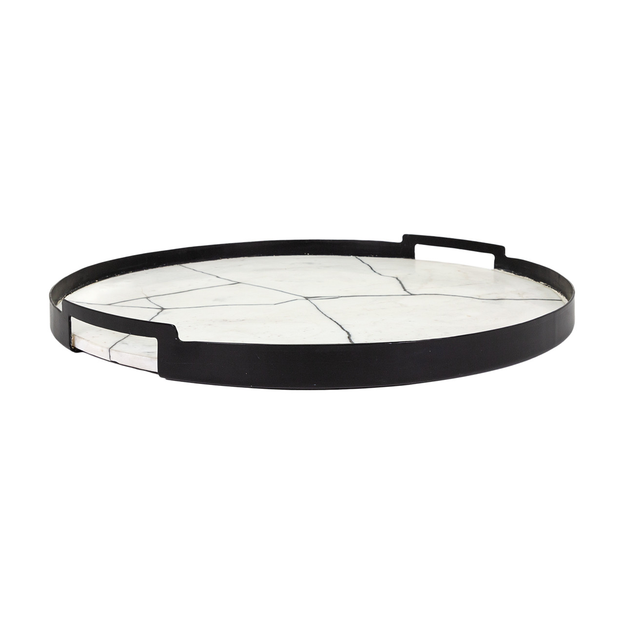 Side profile of the Casale Tray showcasing the sleek black metal frame and marble’s subtle veining.