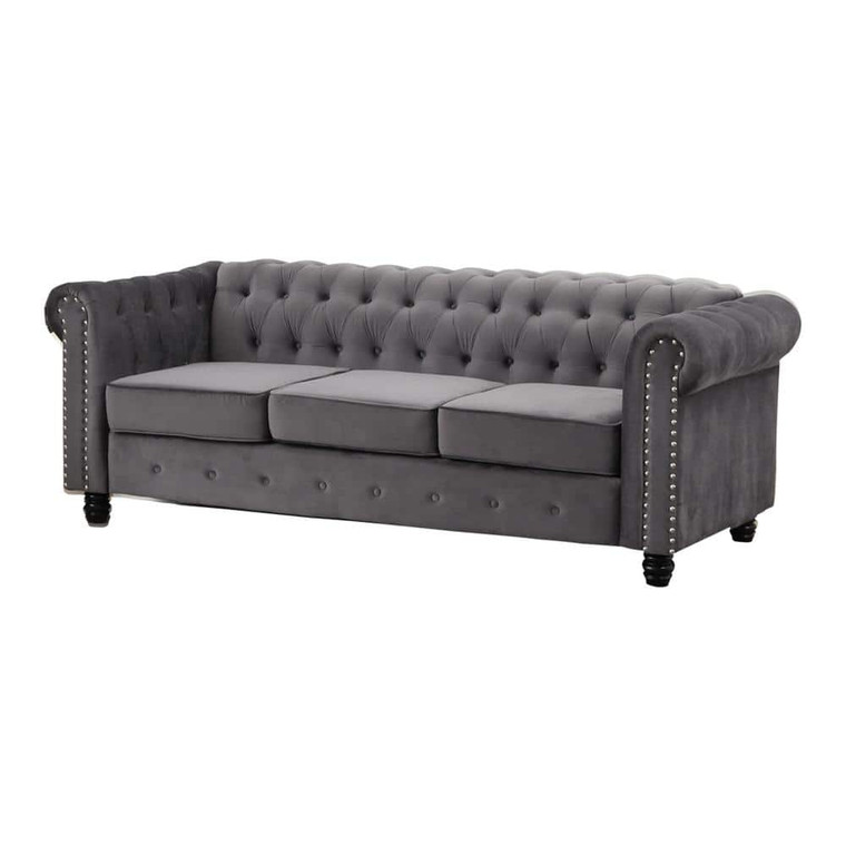 Romeo 82 in. Grey Velvet 3-Seater Chesterfield Sofa