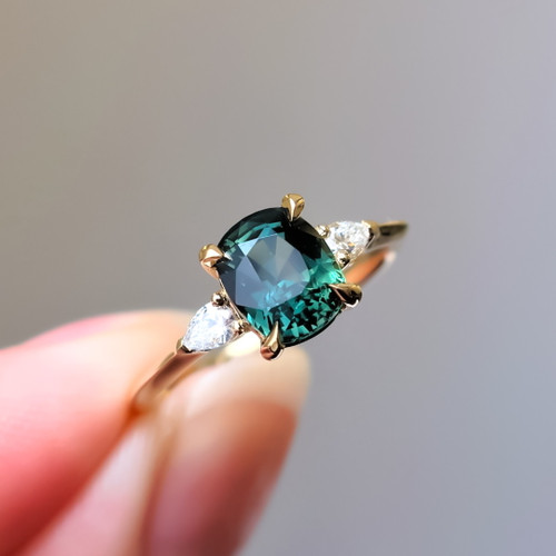 Faye - 1.63 Cts Cushion Teal Sapphire Engagement Ring - Nolan and Vada