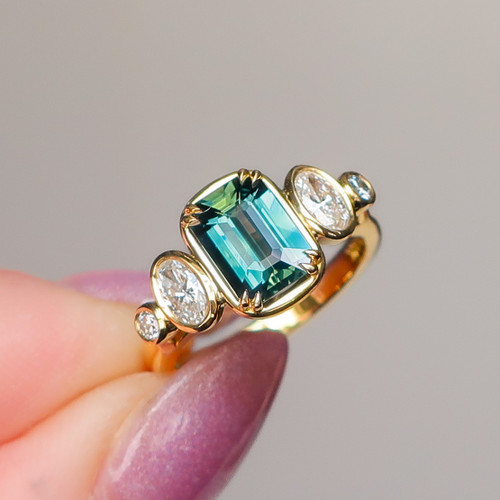 Custom - 1.38 Cts Emerald Cut Australian Parti Teal Sapphire Engagement Ring