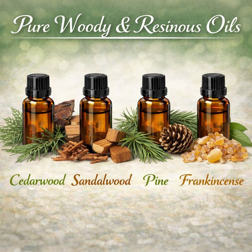 Pure woody and resinous essential oils