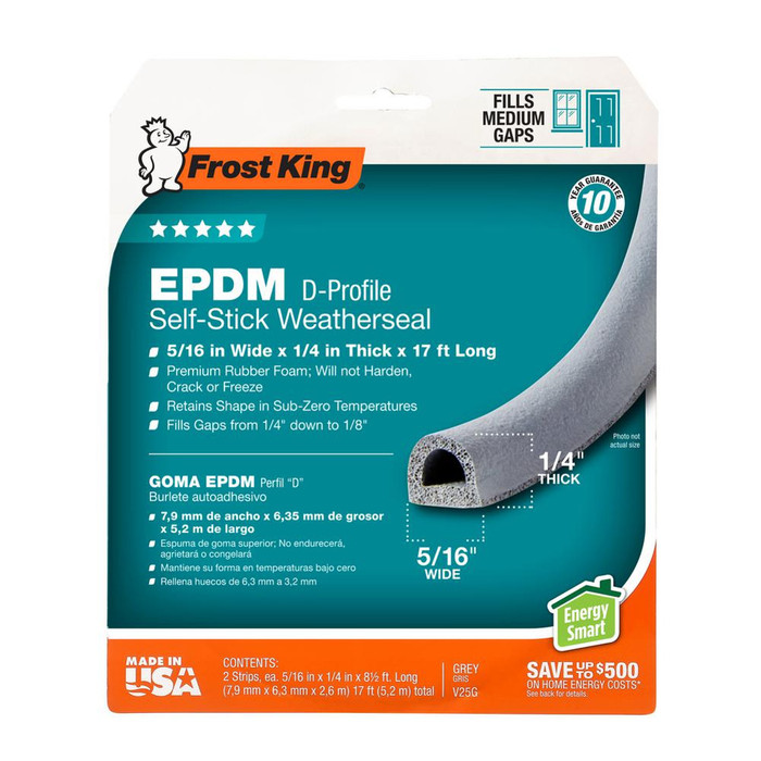 5/16" X 17' Gray EPDM D-Profile Self-Stick Weatherseal - 1/4" Thick