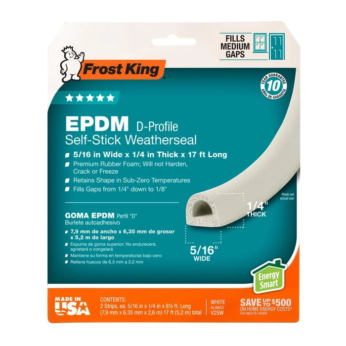 5/16" X 17' White EPDM D-Profile Self-Stick Weatherseal - 1/4" Thick