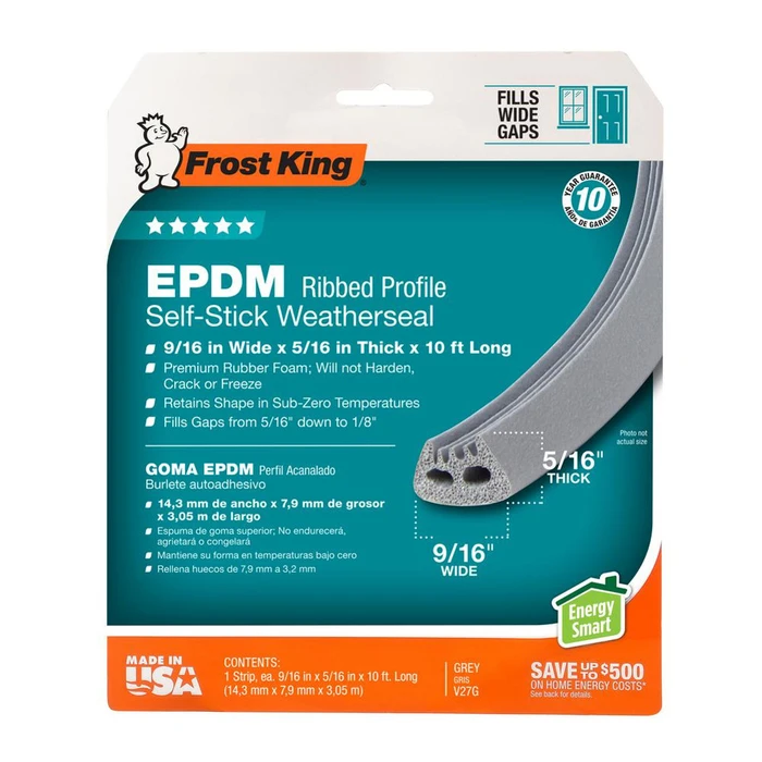 9/16" X 10' Gray EPDM Ribbed Profile Self-Stick Weatherseal - 5/16" Thick