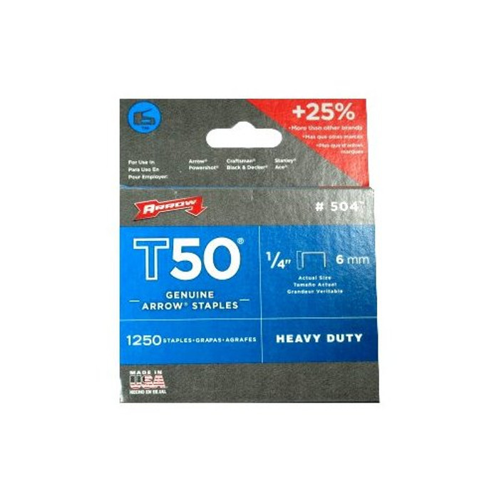 1/4" Staples For Arrow Model T-50 Stapler (Pack of 1,250)