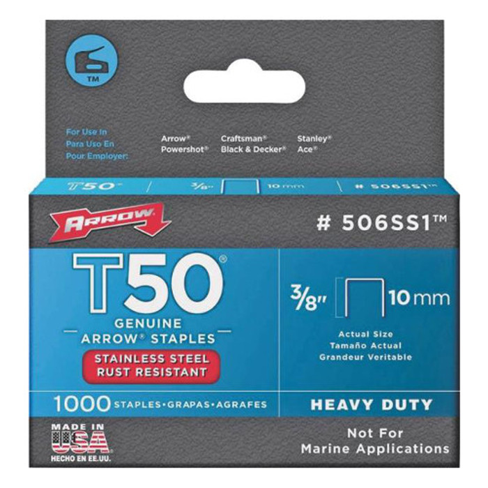 3/8" Stainless Steel Staples For Arrow Model T-50 Stapler (Pack of 1,000)