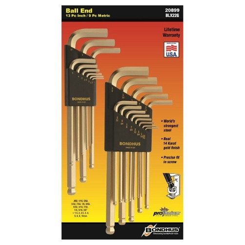 14K Gold Plated Ball End Inch & Metric Hex Key Sets - .050" to 3/8" & 1.5 mm to 10 mm (22 Pieces)