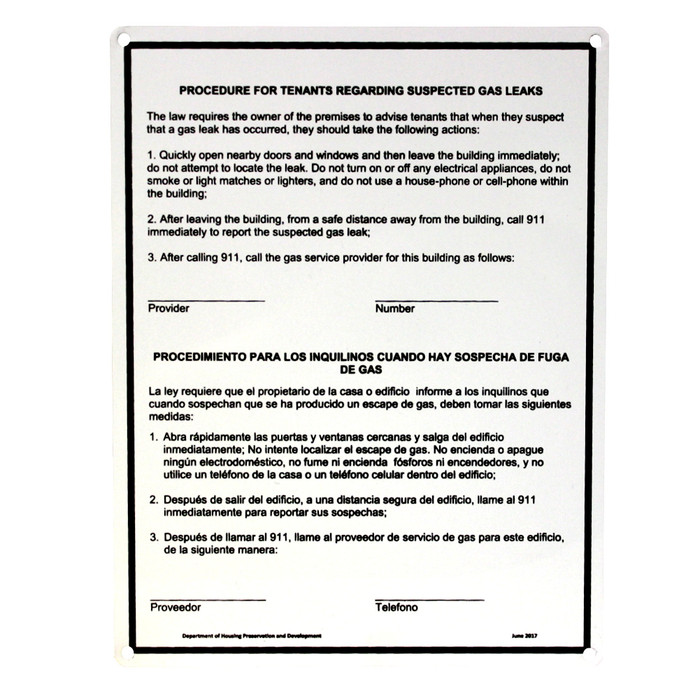 11" X 8-1/2" "N.Y.C. HPD Gas Leak Notice" Metal Sign