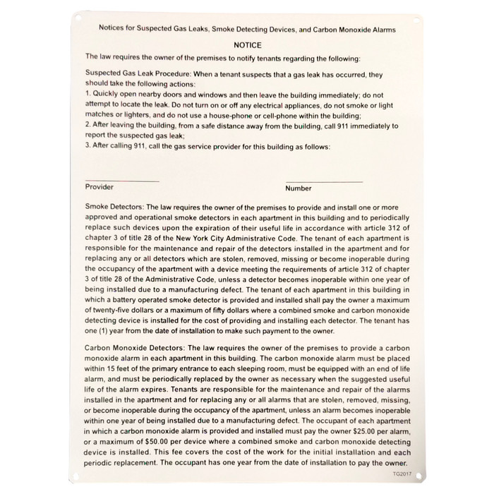 16" x 12" "N.Y.C. Suspected Gas Leaks / Smoke Detector Notice / Carbon Monoxide Alarm Notice" Metal Sign