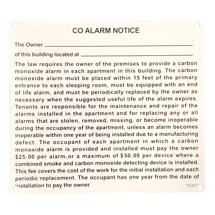 8" X 9" "N.Y.C. Carbon Monoxide Alarm Notice" Metal Sign