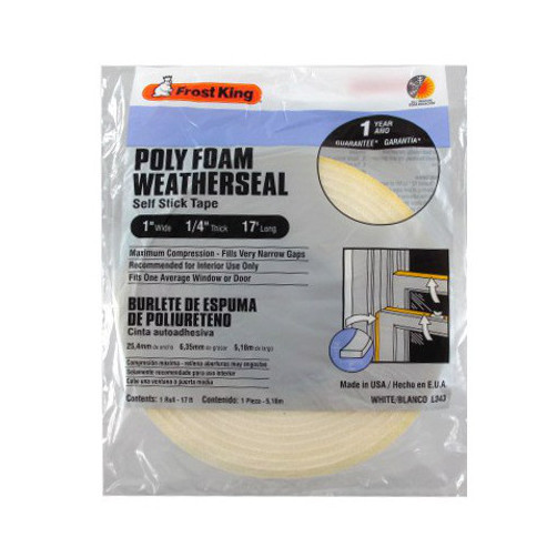 1"  X 17' White Self-Adhesive Poly Foam Weatherstrip - 1/4" Thick