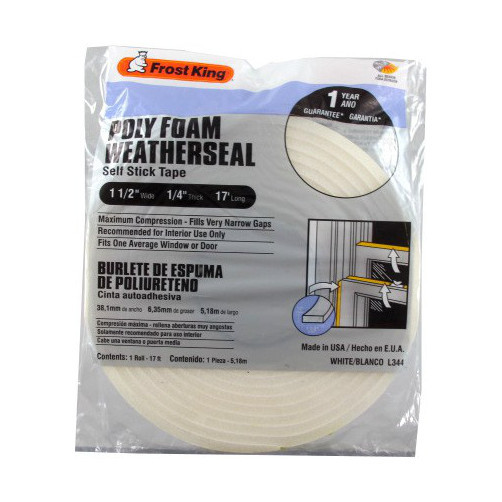 1-1/2"  X 17' White Self-Adhesive Poly Foam Weatherstrip - 1/4" Thick