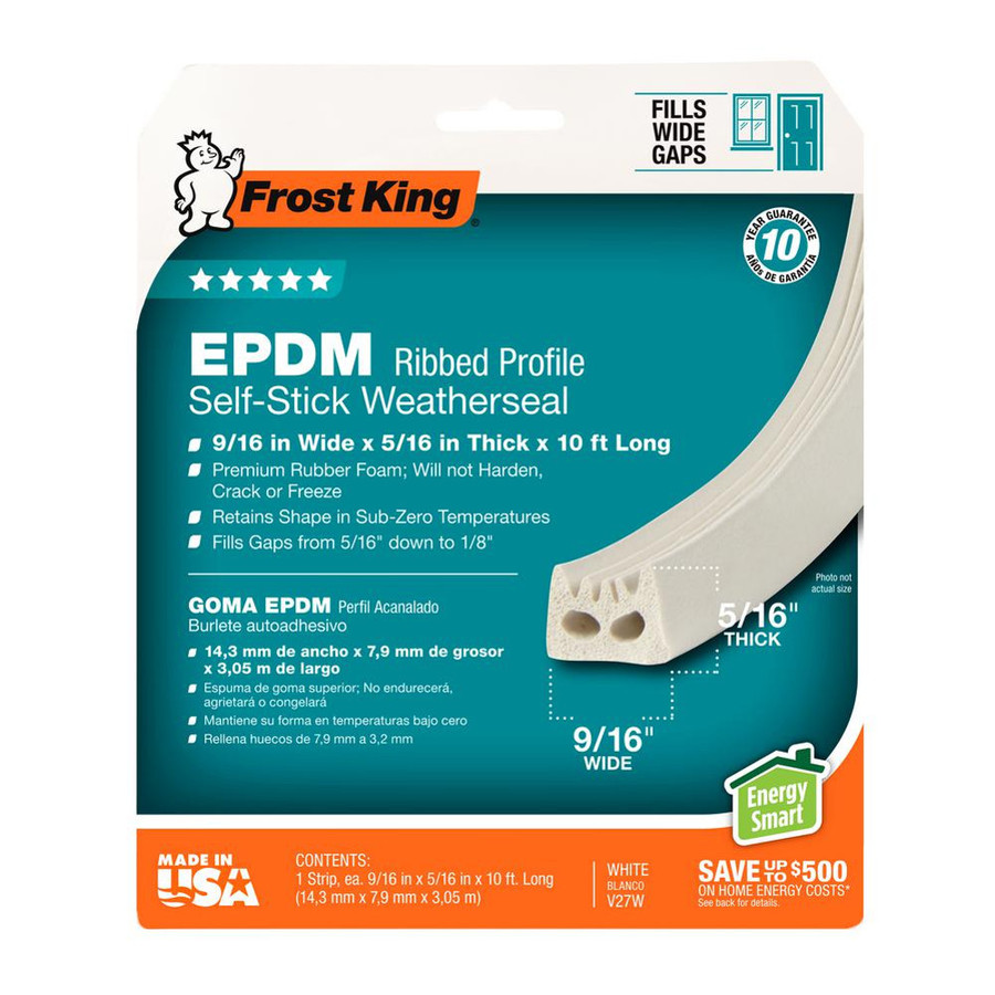 9/16" X 10' White EPDM Ribbed Profile Self-Stick Weatherseal - 5/16" Thick