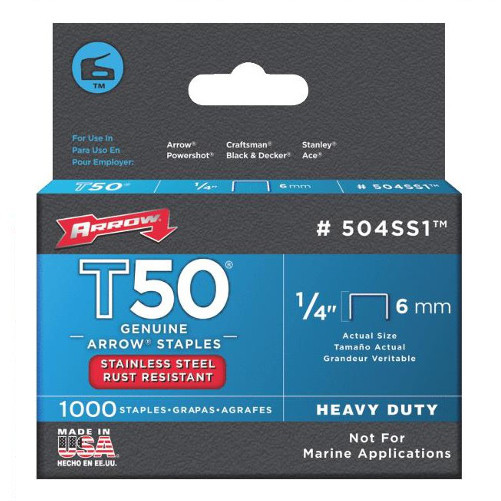 1/4" Stainless Steel Staples For Arrow Model T-50 Stapler (Pack of 1,000)