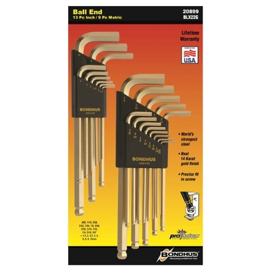 14K Gold Plated Ball End Inch & Metric Hex Key Sets - .050" to 3/8" & 1.5 mm to 10 mm (22 Pieces)