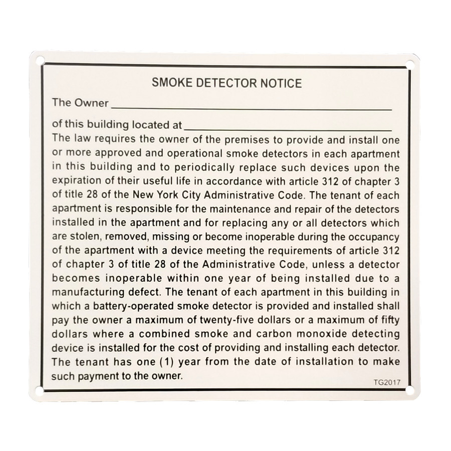 8" X 9" "N.Y.C. Smoke Detector Notice" Metal Sign