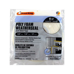 3/4" X 17' White Self-Adhesive Poly Foam Weatherstrip - 1/4" Thick