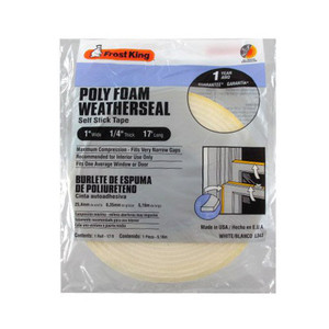 1" X 17' White Self-Adhesive Poly Foam Weatherstrip - 1/4" Thick