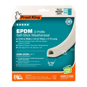 5/16" X 17' White EPDM D-Profile Self-Stick Weatherseal - 1/4" Thick