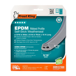 9/16" X 10' Gray EPDM Ribbed Profile Self-Stick Weatherseal - 5/16" Thick