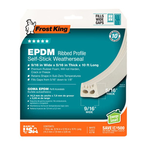 9/16" X 10' White EPDM Ribbed Profile Self-Stick Weatherseal - 5/16" Thick