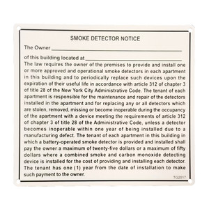 8" X 9" "N.Y.C. Smoke Detector Notice" Metal Sign