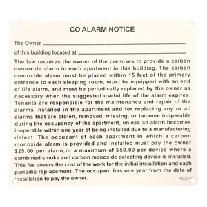8" X 9" "N.Y.C. Carbon Monoxide Alarm Notice" Metal Sign