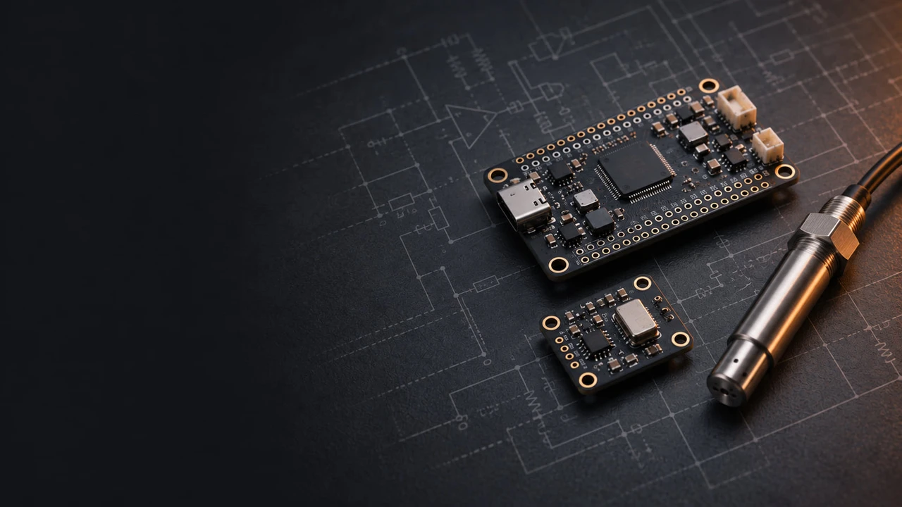 Embedded boards and a stainless-steel sensor probe arranged over a subtle schematic on a dark work surface