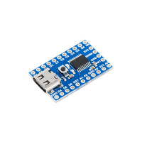 Angled view of the 7Semi STM8S003F3P6 development board showing the USB Type-C connector, compact PCB layout, onboard reset switch, and accessible I/O headers for prototyping applications.
