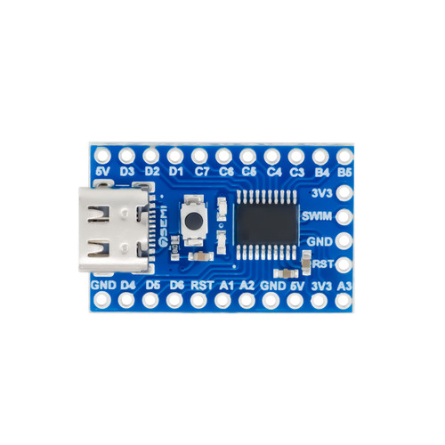 7Semi STM8S003F3P6 USB Type-C Development Board featuring STM8 microcontroller, USB Type-C connector, reset button, SWIM programming support, and breakout GPIO pins for embedded system development.