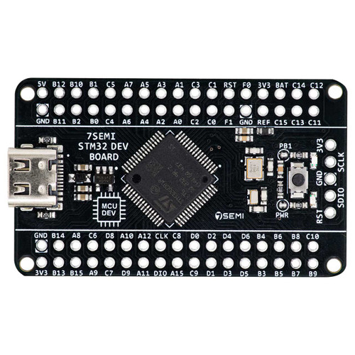Top view of 7SEMI STM32G0B1RET6 development board with labeled GPIO and USB connector