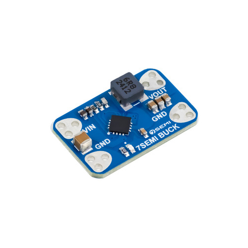 Top angled view of 7Semi AP66300 Buck Converter module showing components and labeled terminals.