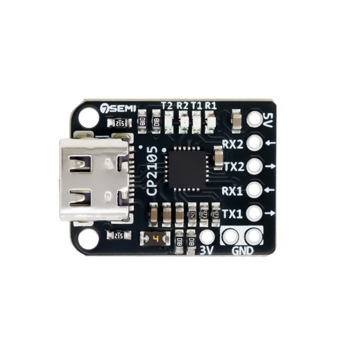 USB to dual UART module with TX RX pins labeled TOP VIEW SHOWING COMPONENTS