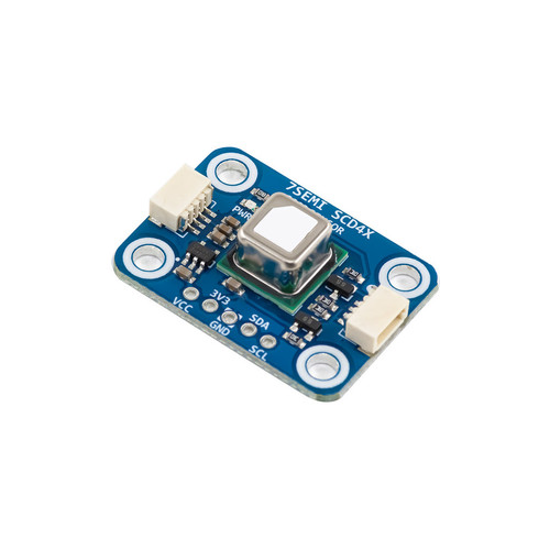 7Semi SCD43 CO2, Temperature and Humidity Sensor Breakout 7Semi SCD43 CO2 Sensor Breakout Board angled view showing the SCD43 CO2 sensor, compact PCB design, Qwiic connectors, pin headers and mounting holes