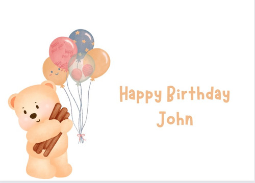 Personalized Happy Birthday card with bear and balloons crafted on recycled paper with custom notes for a unique touch - Front
