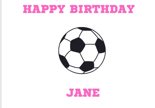 Personalized Pink Soccer Happy Birthday card crafted on recycled paper with custom notes for a unique touch - Front