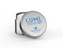 Silver jar labelled Lumi3P with lid off and white cream inside