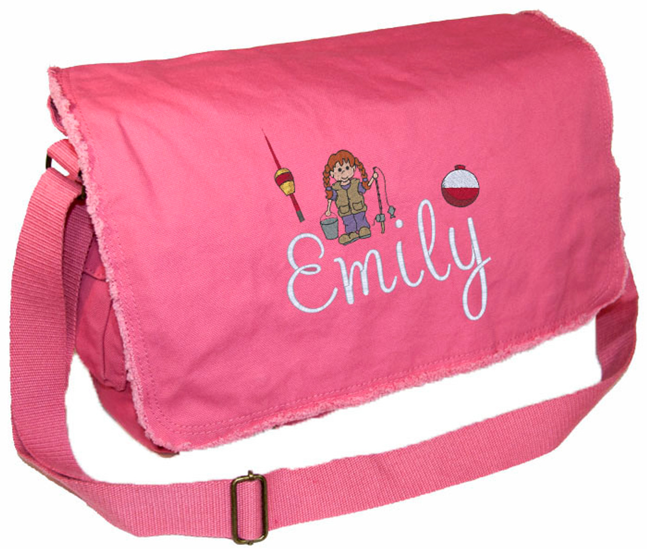 Personalized Fishing Girl Diaper Bag- Embroidered Fishing Girl on Pigment  Dyed Raw Edge Bag