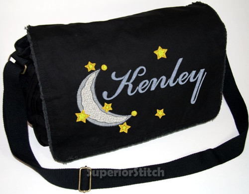 Personalized Moon and Stars Diaper Bag
Font shown on diaper bag is BICKER SCRIPT