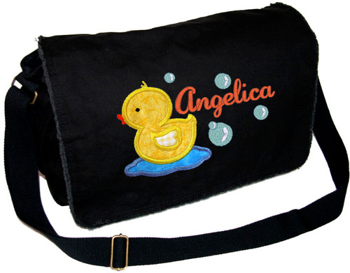 Personalized Applique Lil Ducky Diaper Bag
Font used for name shown on diaper bag is LAVERNE