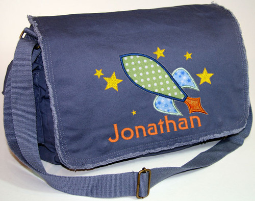 Personalized Applique Rocket Ship Diaper Bag
Font used for name shown on diaper bag is STARSHIP