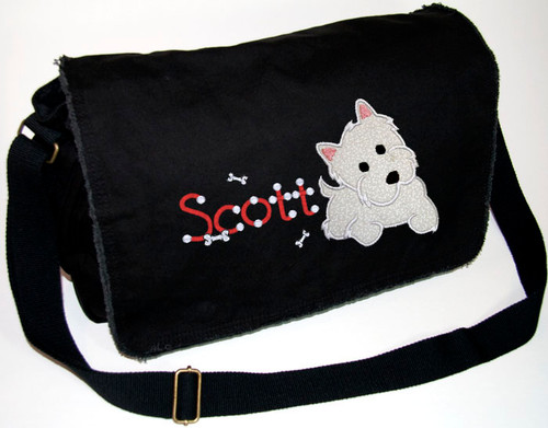Personalized Applique Westie Diaper Bag
Font used for name shown on diaper bag is ROUNDABOUT