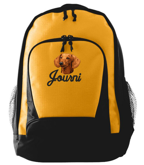 Dachshund Backpack
Font shown on bag is CUSTOM SCRIPT