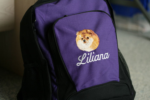 Pomeranian backpack
Font shown on bag is ALLEGRA