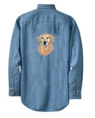 embroidered golden retriever on back of denim shirt