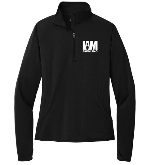 I AM Bowling™ men's black stretch 1/2-zip pullover jacket featuring a logo, designed for bowling enthusiasts, on sale for $59.99.